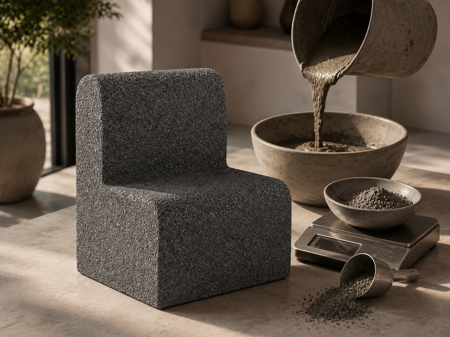 Coulage à la main d'un banc en résine de marbre dans l'atelier Stoneform
