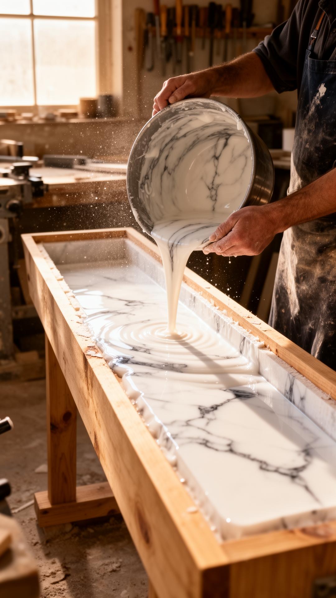 Coulage à la main d'un banc en résine de marbre dans l'atelier Stone Farm Design