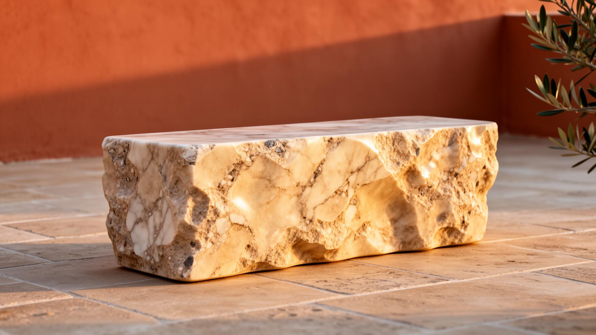 Banc sculptural en résine de marbre Stone Farm Design, terrasse méditerranéenne au coucher du soleil